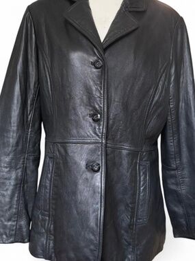 Vintage Micheal Lawrence Black leather jacket with button front and pockets